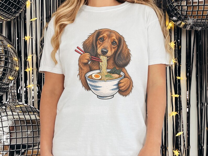 Dachshund Ramen Shirt, Wiener Dog Gift, Long Haired Doxie Tee, Japanese Food Art, Noodle Lover Shirt, Doxie Mom Gift image 9