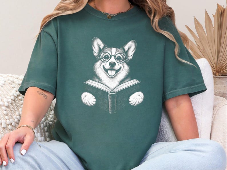 Corgi Reader Shirt, Corgi Mom Gift, Bookish Dog Tee, Librarian Present, Book Lover Shirt, Dog Dad Gift image 2