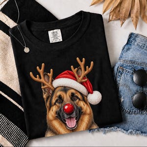 German Shepherd Christmas Sweatshirt, Holiday Dog Lover Gift, Rudolph Santa Hat Tee, German Shepherd Mom Shirt image 6