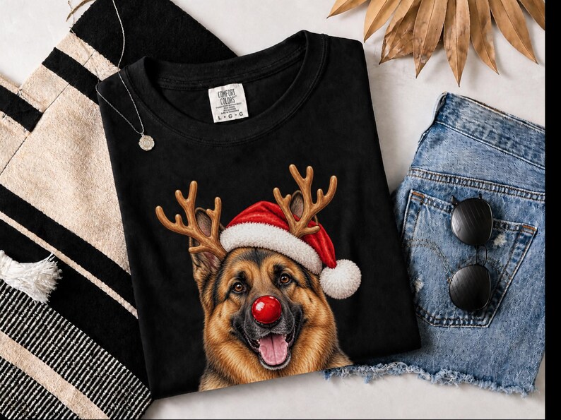 German Shepherd Christmas Sweatshirt, Holiday Dog Lover Gift, Rudolph Santa Hat Tee, German Shepherd Mom Shirt image 6