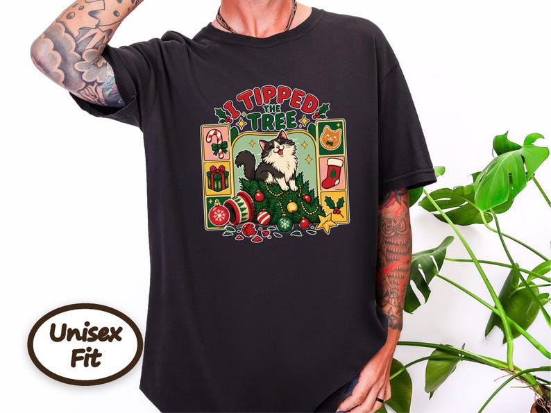 Christmas Cat Shirt, Tuxedo Cat Christmas Gift, Funny Cat Christmas Tree Tee, I Tipped The Tree Holiday Shirt, Cat Mom Shirt Gift image 10
