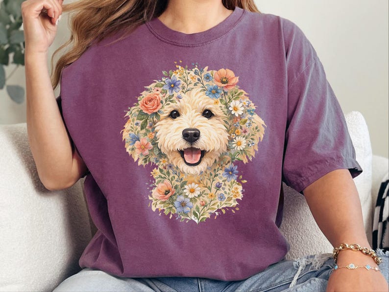 Comfort Colors Doodle Dog Gift, Golden Doodle Floral Tee, Watercolor Dog Art, Goldendoodle Owner Gift, Spring Summer, Goldendoodle Print immagine 6