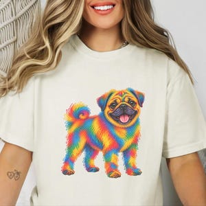 T-shirt pour amoureux des carlins, cadeau avec illustration colorée de chien, t-shirt chiot arc-en-ciel, cadeau pour propriétaire de carlin, t-shirt chien mignon, illustration vibrante d'animaux de compagnie image 7