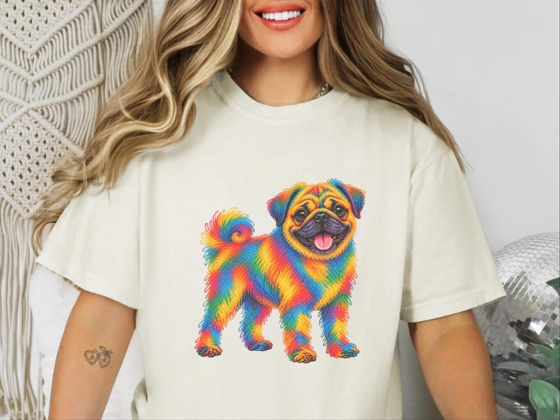 T-shirt pour amoureux des carlins, cadeau avec illustration colorée de chien, t-shirt chiot arc-en-ciel, cadeau pour propriétaire de carlin, t-shirt chien mignon, illustration vibrante d'animaux de compagnie image 7