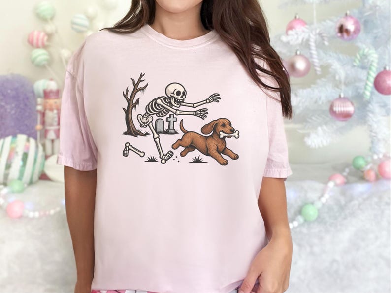 Halloween T-shirt met Teckel, cadeau met skelethond, Halloween T-shirt met Doxie-print, T-shirt met Wienerhond, grappig griezelig Doberman-shirt afbeelding 2