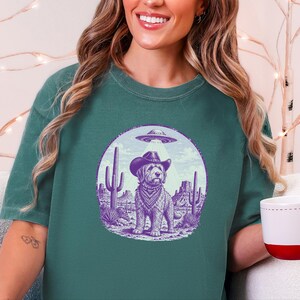 Comfort Colors Cowboy Retro Labradoodle Sweatshirt | Vintage Goldendoodle UFO Crewneck | Southwestern Extraterrestrial Abduction Space image 7