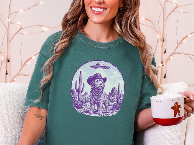 Comfort Colors Cowboy Retro Labradoodle Sweatshirt | Vintage Goldendoodle UFO Crewneck | Southwestern Extraterrestrial Abduction Space image 7
