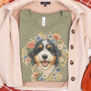 Bernedoodle Tee, Floral Crown Dog Portrait, Custom Pet Art Shirt, Doodle Mama Shirt, Whimsical Animal Print, Pastel Spring Summer Dog Lovers image 8
