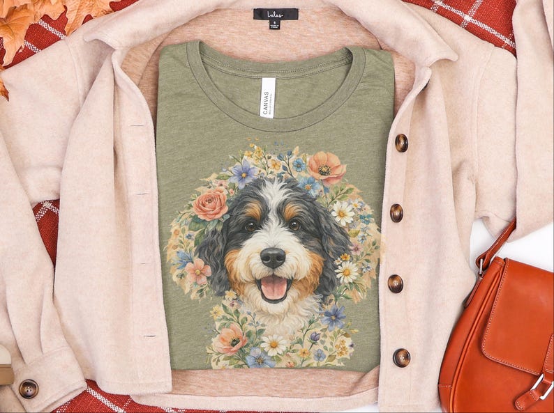 Bernedoodle Tee, Floral Crown Dog Portrait, Custom Pet Art Shirt, Doodle Mama Shirt, Whimsical Animal Print, Pastel Spring Summer Dog Lovers image 8