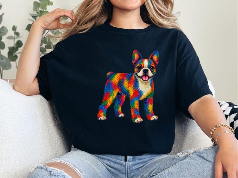 Boston Terrier Shirt, Colorful Dog Lover Gift, Rainbow Puppy Art Tee, Dog Mom Present image 1