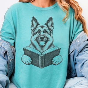 Bookish Dog Tee, German Shepherd Mom Gift, Dog Lover Book Tee, Library Shirt, German Shepherd Dad Gift, Reading Teacher Shirt image 1