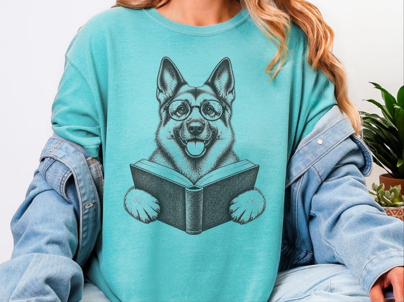 Bookish Dog Tee, German Shepherd Mom Gift, Dog Lover Book Tee, Library Shirt, German Shepherd Dad Gift, Reading Teacher Shirt image 1