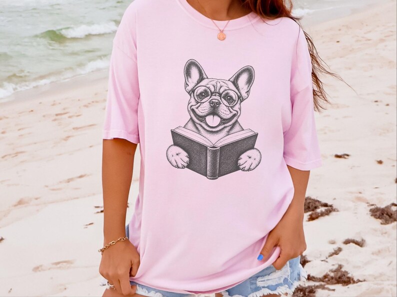 French Bulldog Reading Shirt, Bookish Dog Tee, Frenchie Mom Gift, Dog Lover Book Tee, Vintage French Bulldog Shirt image 2