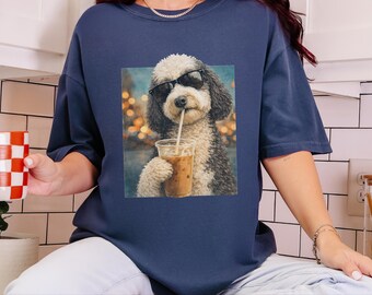 Comfort Colors Silly Dog Shirt, Iced Coffee Girly Tee, Sheepadoodle Cool Dog Mom Graphic Shirt, Coffee Lover Gift for Her, Dog Shirt Women
