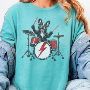 French Bulldog Shirt, Drummer Gift Idea, Rock Dog Shirt, Frenchie Graphic Tee, Percussionist Gift, Music Lover Shirt, Band Merch Tee image 6