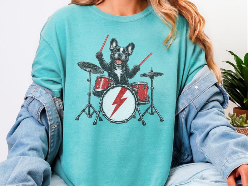 French Bulldog Shirt, Drummer Gift Idea, Rock Dog Shirt, Frenchie Graphic Tee, Percussionist Gift, Music Lover Shirt, Band Merch Tee image 6