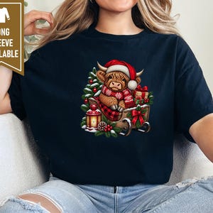 Christmas Highland Cow Sweatshirt, Santa Cow Holiday Gift, Festive Farm Animal Shirt, Winter Cow Lover Tee image 8