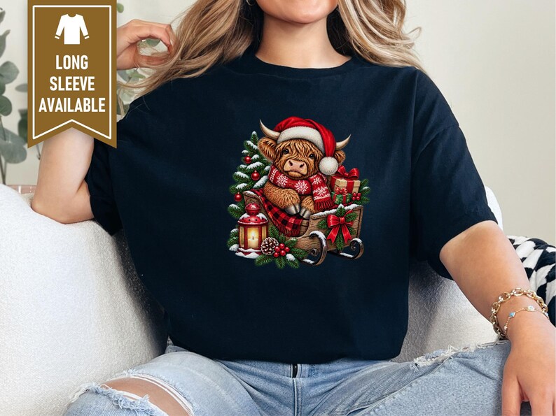 Christmas Highland Cow Sweatshirt, Santa Cow Holiday Gift, Festive Farm Animal Shirt, Winter Cow Lover Tee image 8