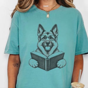 Bookish Dog Tee, German Shepherd Mom Gift, Dog Lover Book Tee, Library Shirt, German Shepherd Dad Gift, Reading Teacher Shirt image 4