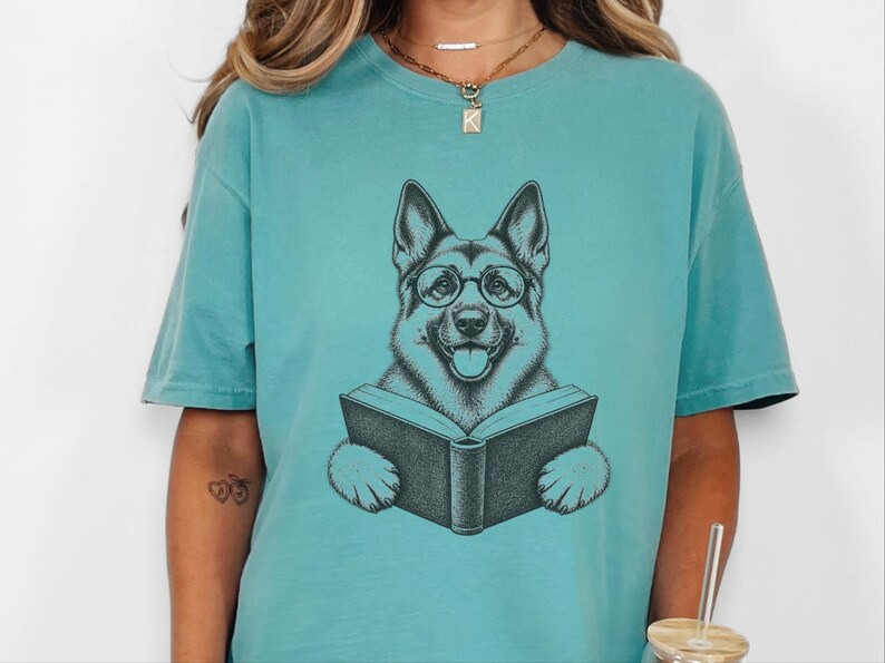 Bookish Dog Tee, German Shepherd Mom Gift, Dog Lover Book Tee, Library Shirt, German Shepherd Dad Gift, Reading Teacher Shirt image 4