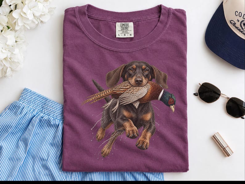 Camiseta de caza de teckel, regalo de caza de faisanes, camiseta de perro salchicha, camiseta de perro de caza de aves, regalo de cazador de tierras altas imagen 3