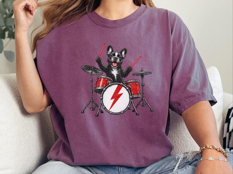 French Bulldog Shirt, Drummer Gift Idea, Rock Dog Shirt, Frenchie Graphic Tee, Percussionist Gift, Music Lover Shirt, Band Merch Tee image 8