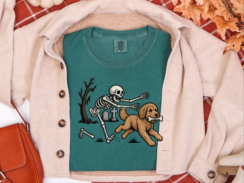 Goldendoodle Dog Shirt, Halloween Goldendoodle Gift, Skeleton Dog Tee, Spooky Dog Lover Shirt, Funny Skeleton Art, Goldendoodle Dad Gift image 9