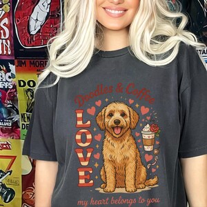 Comfort Colors Goldendoodle Mom T-Shirt, Doodles and Coffee My Heart Belongs To You Tee, Retro Labradoodle Dog Owner Shirt, Doodle Dog Gift image 2