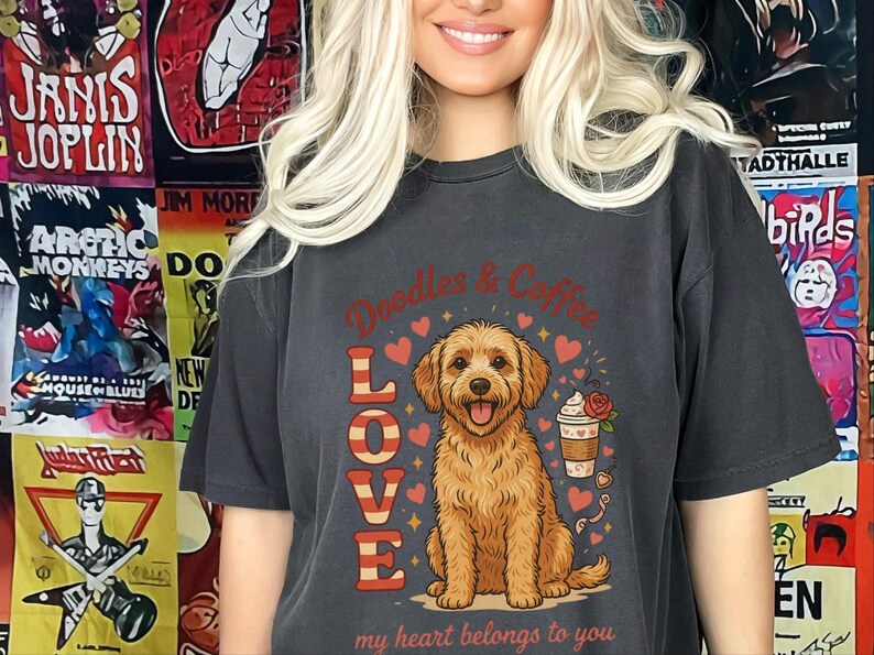 Comfort Colors Goldendoodle Mom T-Shirt, Doodles and Coffee My Heart Belongs To You Tee, Retro Labradoodle Dog Owner Shirt, Doodle Dog Gift image 2