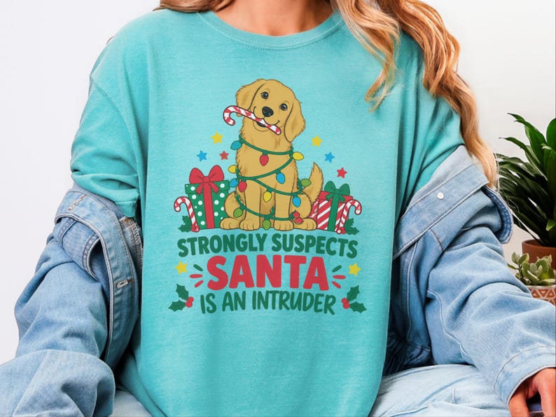 Christmas Dog Shirt, Golden Retriever Christmas Gift, Funny Christmas Dog Tee, Santa Is An Intruder Shirt, Holiday Dog Lover Gift image 1