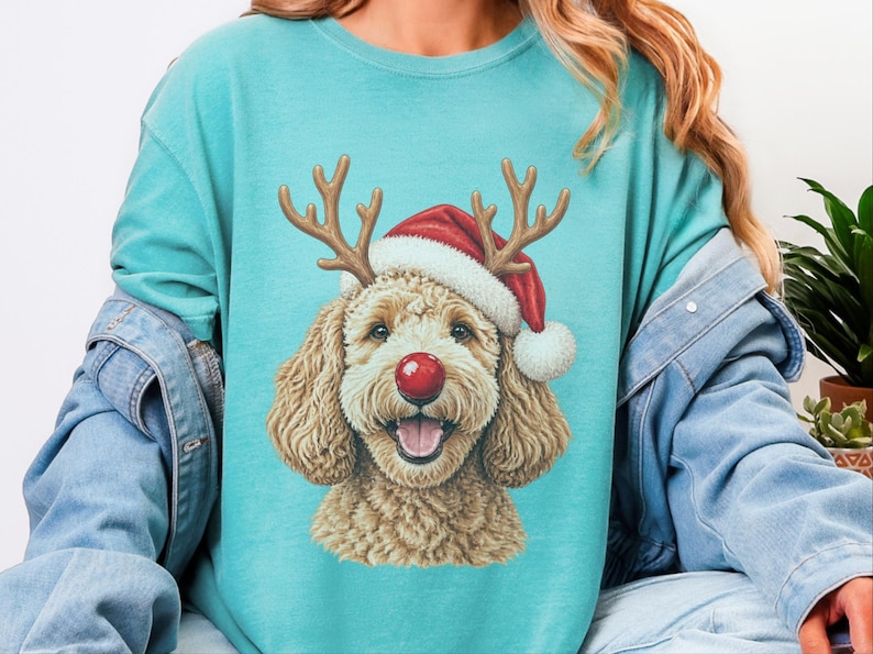 Christmas Goldendoodle Shirt, Goldendoodle Mom Gift, Holiday Dog Sweater, Rudolph Red Nose Doodle Crewneck, Festive Pet Lover Apparel image 9