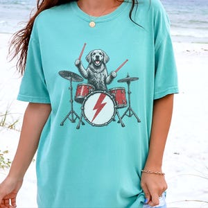Golden Retriever Drummer Shirt, Drum Set Dog Gift, Rock Dog Tee, Musician Dad Present, Drummer Gift Idea, Rock And Roll Shirt image 3