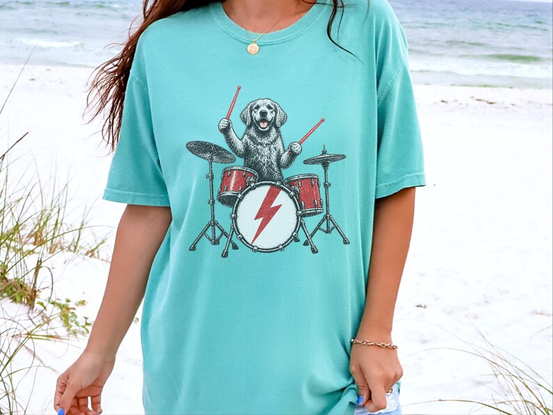 Golden Retriever Drummer Shirt, Drum Set Dog Gift, Rock Dog Tee, Musician Dad Present, Drummer Gift Idea, Rock And Roll Shirt image 3