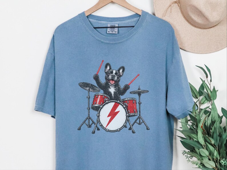 French Bulldog Shirt, Drummer Gift Idea, Rock Dog Shirt, Frenchie Graphic Tee, Percussionist Gift, Music Lover Shirt, Band Merch Tee image 3