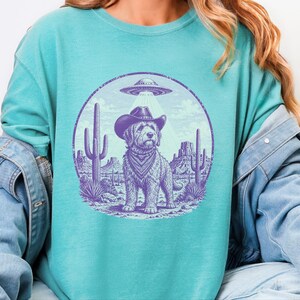 Comfort Colors Cowboy Retro Labradoodle Sweatshirt | Vintage Goldendoodle UFO Crewneck | Southwestern Extraterrestrial Abduction Space image 5
