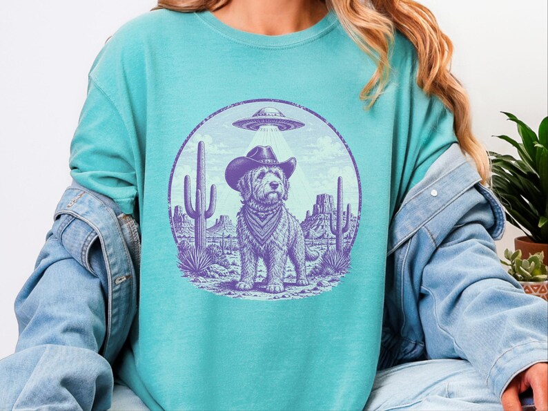 Comfort Colors Cowboy Retro Labradoodle Sweatshirt | Vintage Goldendoodle UFO Crewneck | Southwestern Extraterrestrial Abduction Space image 5