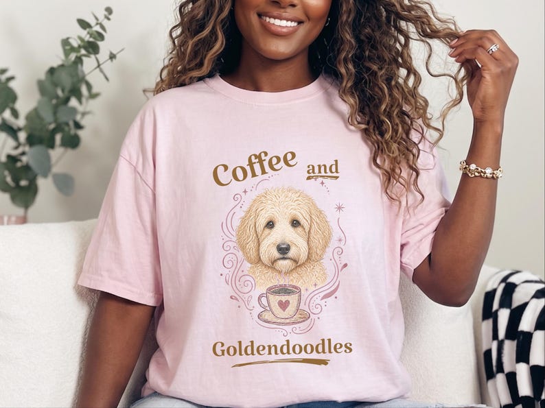 Comfort Colors Coffee Dog Shirt, Goldendoodle Art Tee, Coffee And Goldendoodles Print, Dog Mama Coffee Lover, Whimsical Pet Graphic Tee image 7