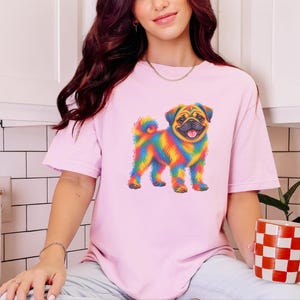 T-shirt pour amoureux des carlins, cadeau avec illustration colorée de chien, t-shirt chiot arc-en-ciel, cadeau pour propriétaire de carlin, t-shirt chien mignon, illustration vibrante d'animaux de compagnie image 9