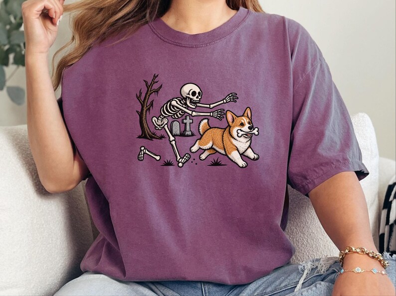 T-shirt met skelethond, Halloween Corgi-shirt, grappig Corgi-cadeau, griezelig T-shirt, Corgi-moedershirt, T-shirt met skelethond afbeelding 1