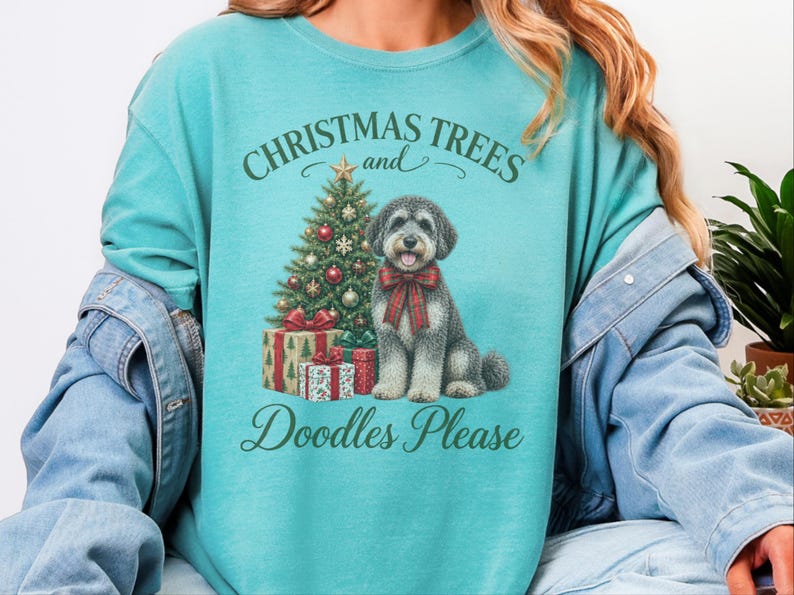 Schnoodle Christmas Shirt, Schnoodle Mom Gift, Christmas Trees and Doodles Please, Holiday Dog Lover Tee, Winter Pet Shirt image 1