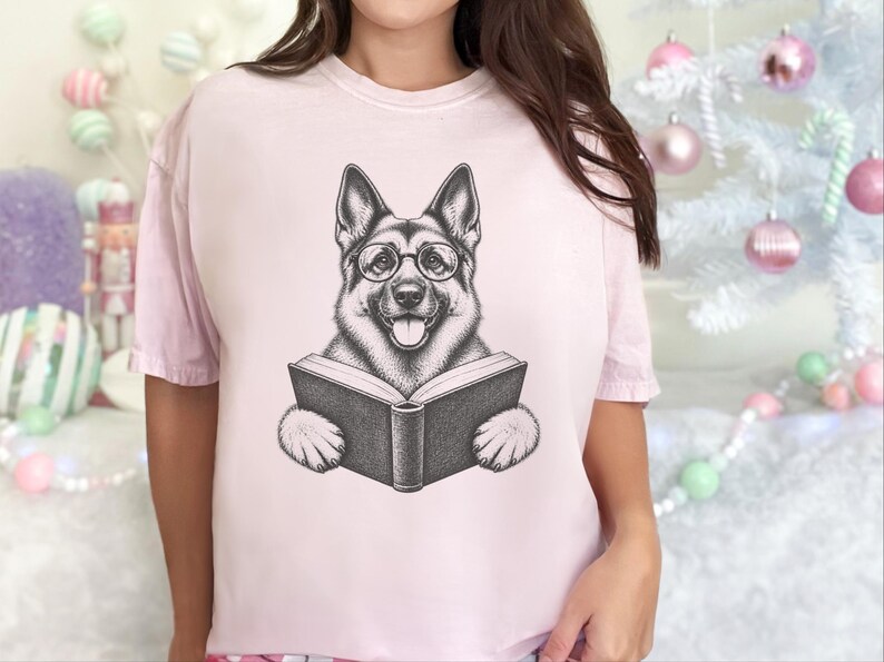 Bookish Dog Tee, German Shepherd Mom Gift, Dog Lover Book Tee, Library Shirt, German Shepherd Dad Gift, Reading Teacher Shirt image 5