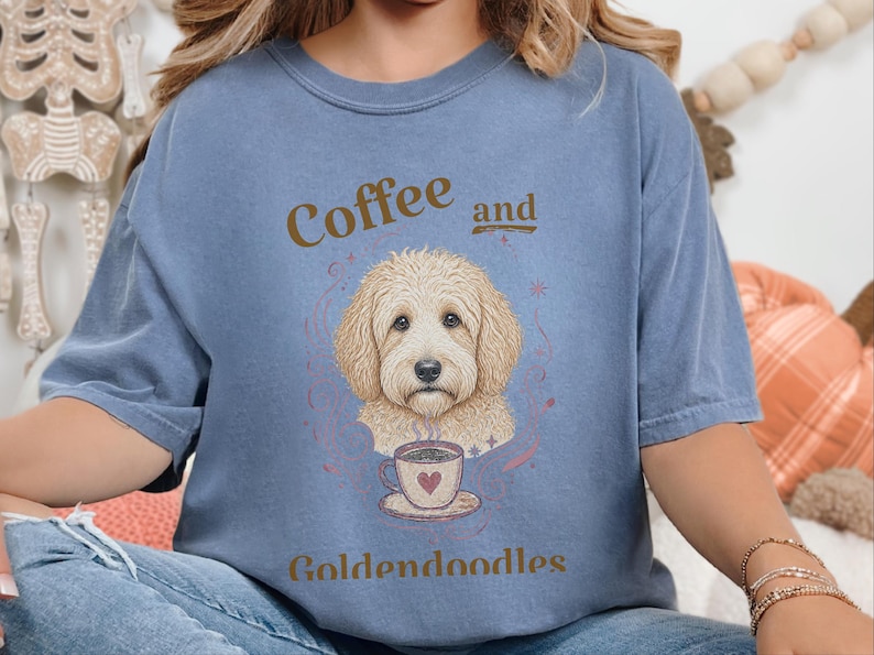 Comfort Colors Coffee Dog Shirt, Goldendoodle Art Tee, Coffee And Goldendoodles Print, Dog Mama Coffee Lover, Whimsical Pet Graphic Tee image 1