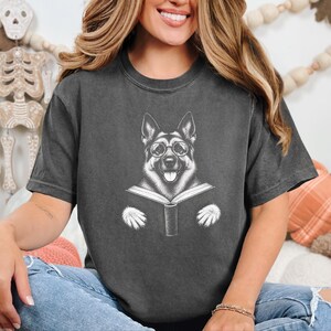 Bookish Dog Tee, German Shepherd Mom Gift, Dog Lover Book Tee, Library Shirt, German Shepherd Dad Gift, Reading Teacher Shirt image 8