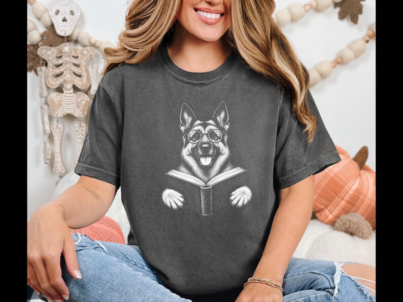 Bookish Dog Tee, German Shepherd Mom Gift, Dog Lover Book Tee, Library Shirt, German Shepherd Dad Gift, Reading Teacher Shirt image 8