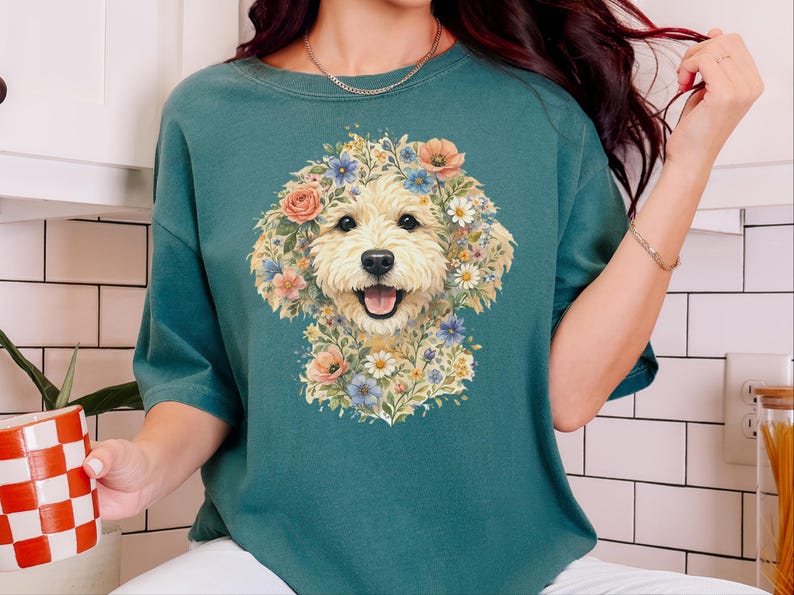 Comfort Colors Doodle Dog Gift, Golden Doodle Floral Tee, Watercolor Dog Art, Goldendoodle Owner Gift, Spring Summer, Goldendoodle Print immagine 7