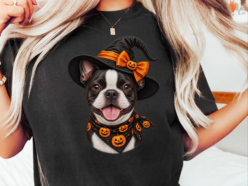 Camiseta de Halloween com Boston Terrier, Presente Assustador para Mãe de Cachorro, Camiseta para Dono de Cachorro Bruxo imagem 7