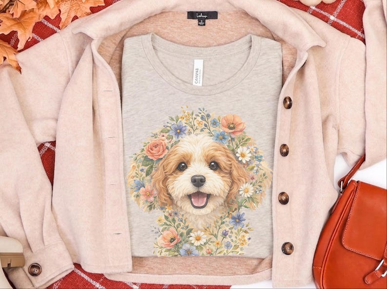 Cavapoo Mom Shirt, Cavapoo Floral Face Tee, Cute Dog Art, Dog Lover Gift for Owners, Poodle Cross Puppy, Floral Dog Design, Cavapoo Dad Gift imagen 5