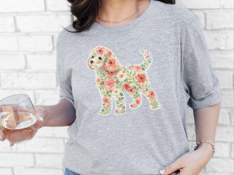 T-shirt « Maman Cavapoo », imprimé silhouette florale Cavapoo, art silhouette de chien, motif floral moderne pour animaux de compagnie, idée cadeau pour propriétaire de croisé Caniche image 1