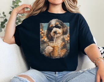 Cool Aussiedoodle Drinking Iced Coffee Doodle Dog Coffee Shirt With Sunglasses Art