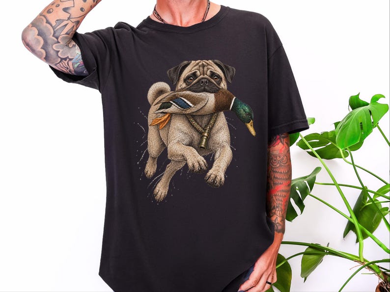 T-shirt met mopshondmotief voor eendenjagers, grappig cadeau voor eendenjacht, T-shirt voor watervogeljagers, shirt voor de jacht op wilde eenden, cadeau voor buitenjagers afbeelding 4